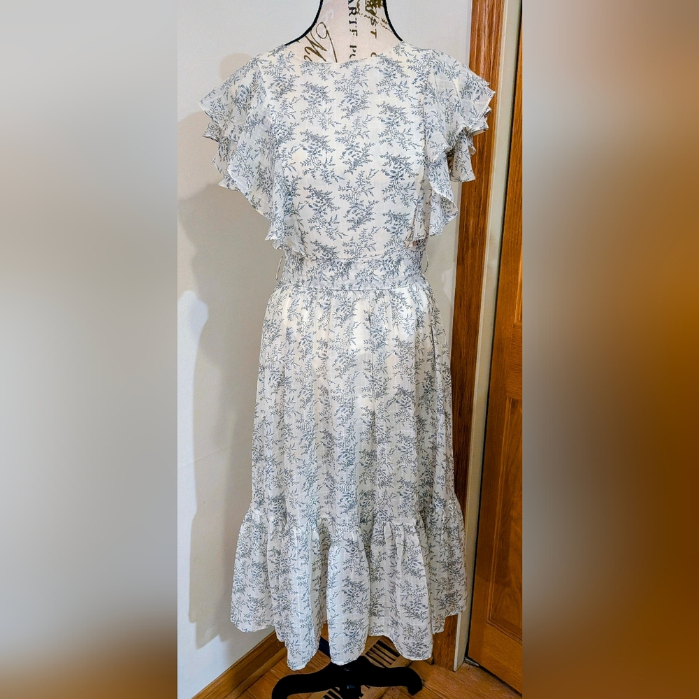 Ivy City Blue White Tiered Floral Ruffle Sleeve Midi Dress XXS Cottage Garden